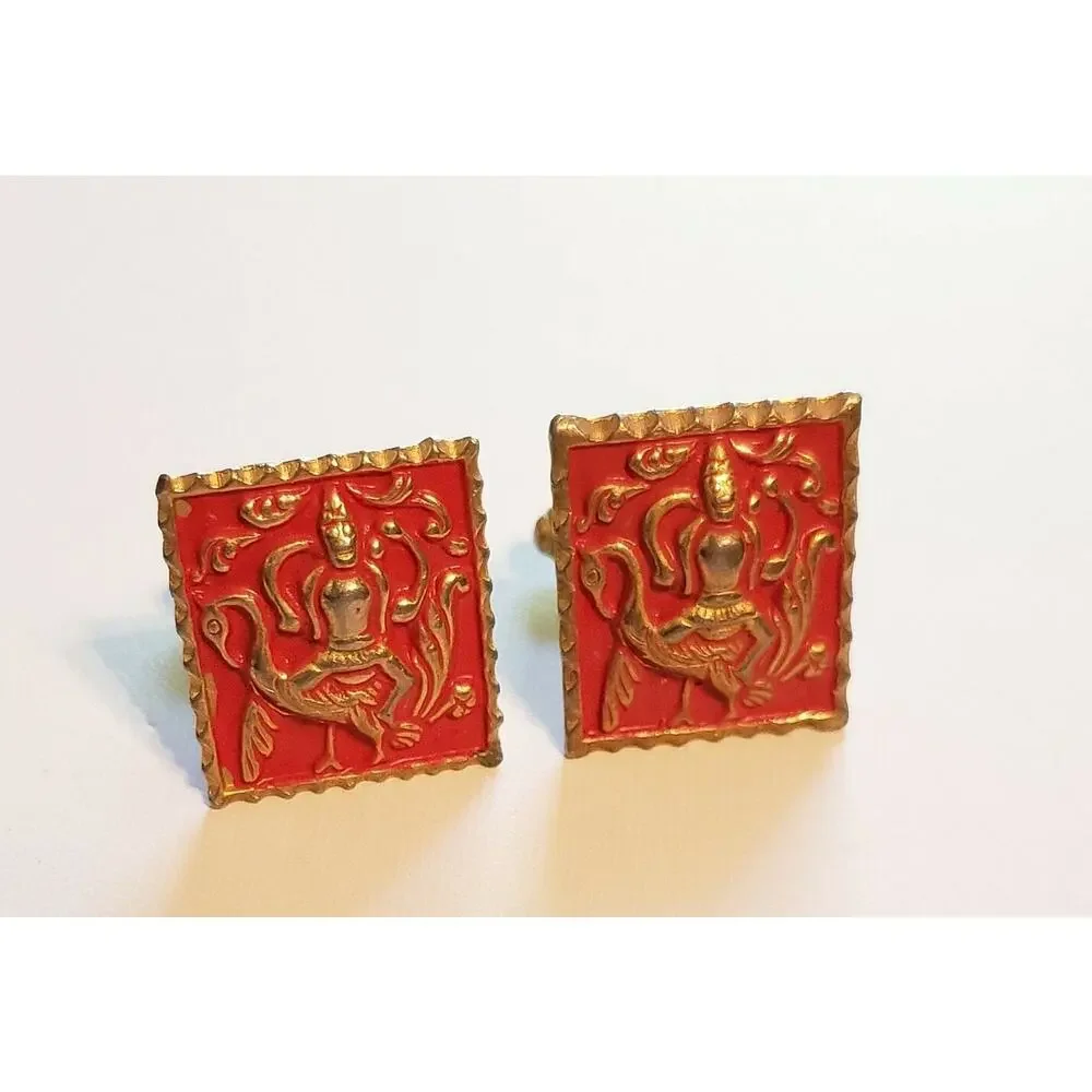 Beautiful‎ Goddess & Swan Red Cuff Links Enamel Unisex Oriental Asian Motif cl-